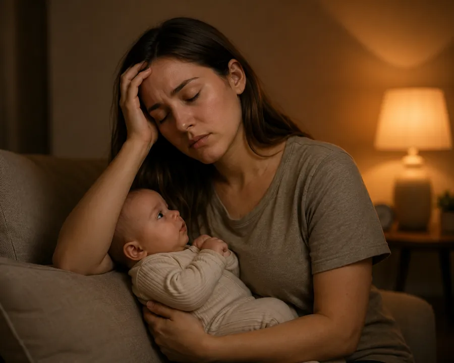 Tired parent rocking their baby in the evening
