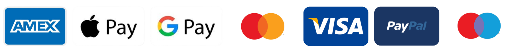 Accepted payment methods: Amex, Apple Pay, Google Pay, Mastercard, Visa, PayPal, Maestro